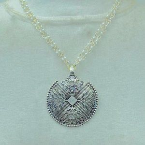 Handmade Oxidized Silver Pendant Necklace, Ethnic Pearls Beaded Chain Necklace